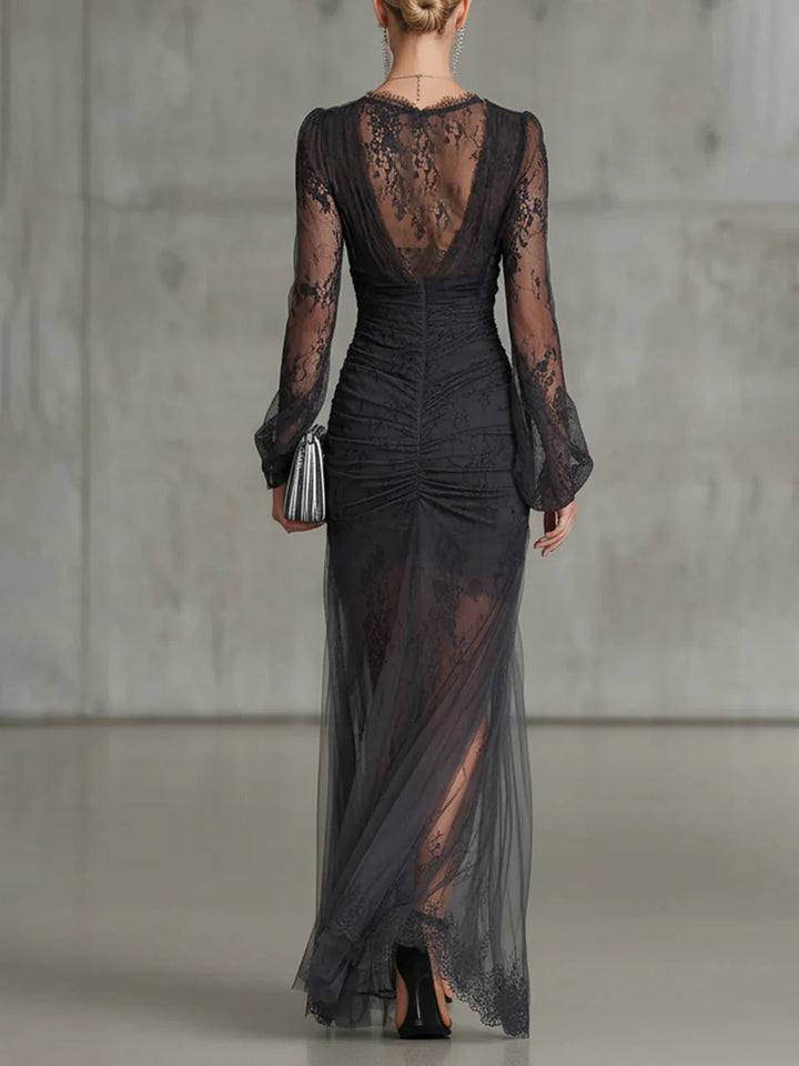 Tessa | Lace Ruched Sheer Long Sleeve Maxi Dress for Women