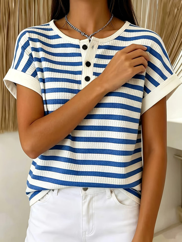 Imogen | Striped Waffle Button Top