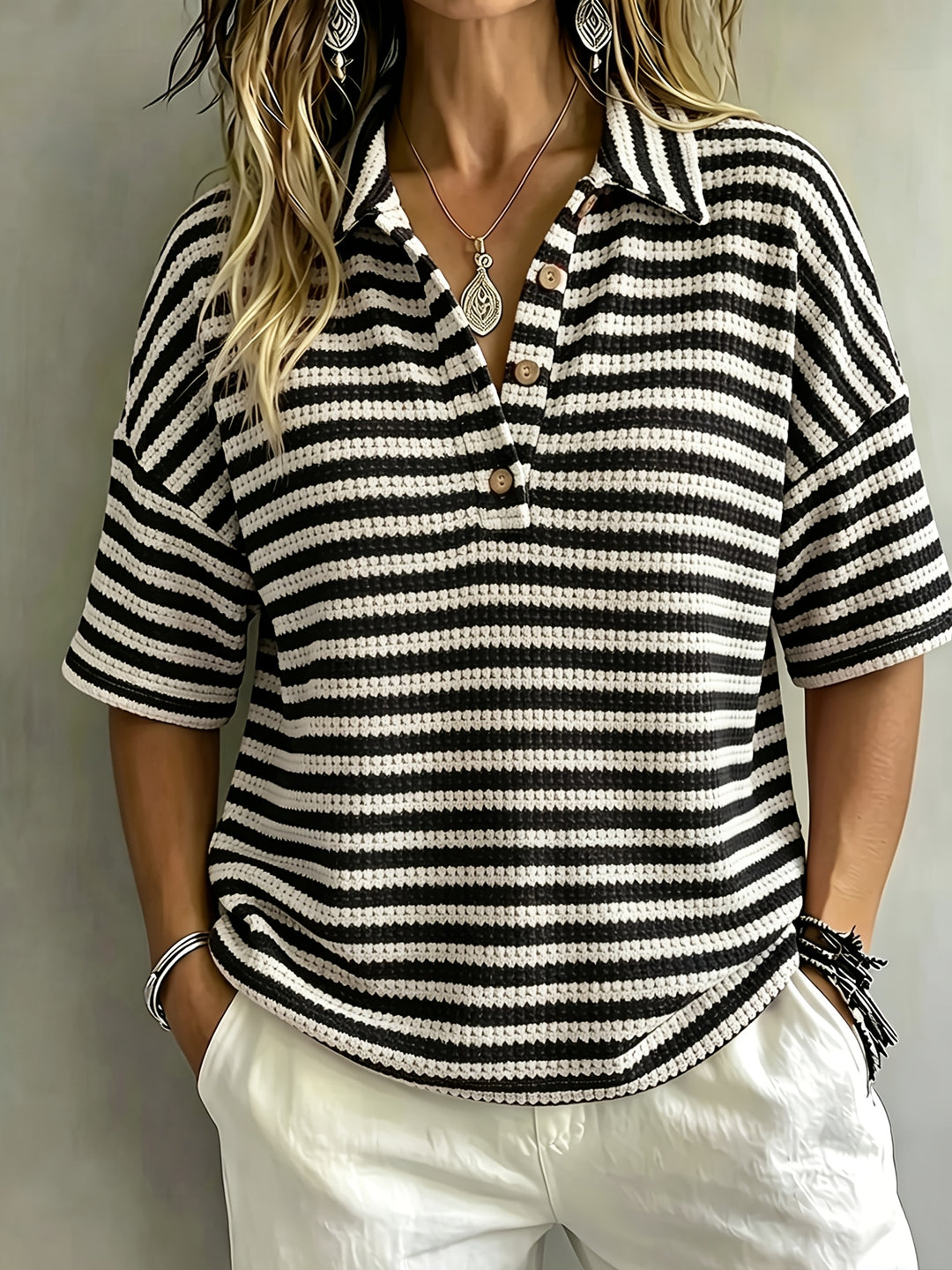 Marissa | Striped Waffle Polo Top