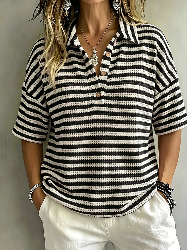 Marissa | Striped Waffle Polo Top