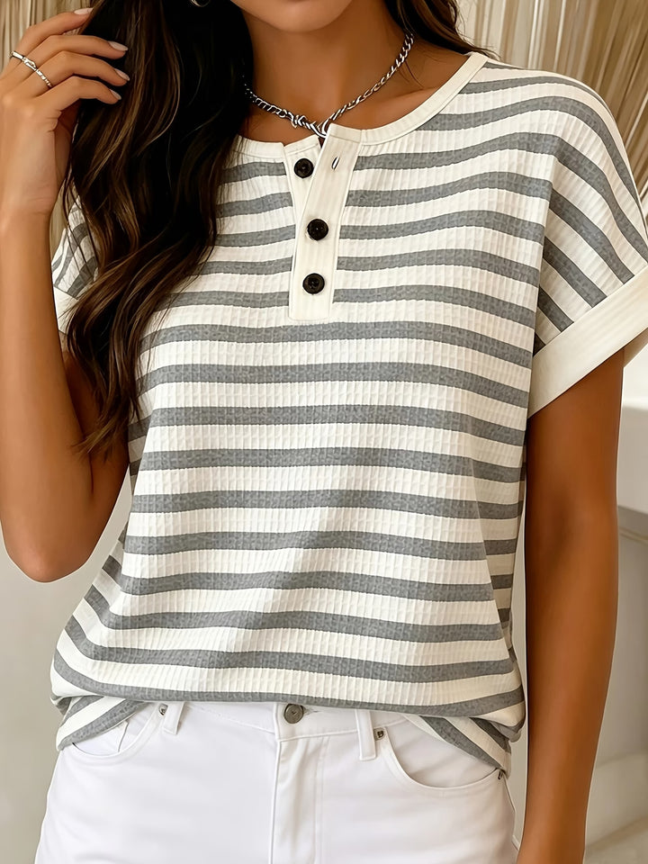Imogen | Striped Waffle Button Top