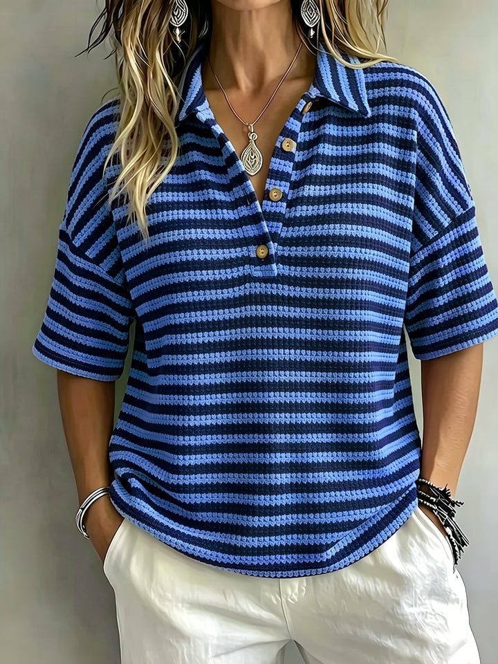 Marissa | Striped Waffle Polo Top