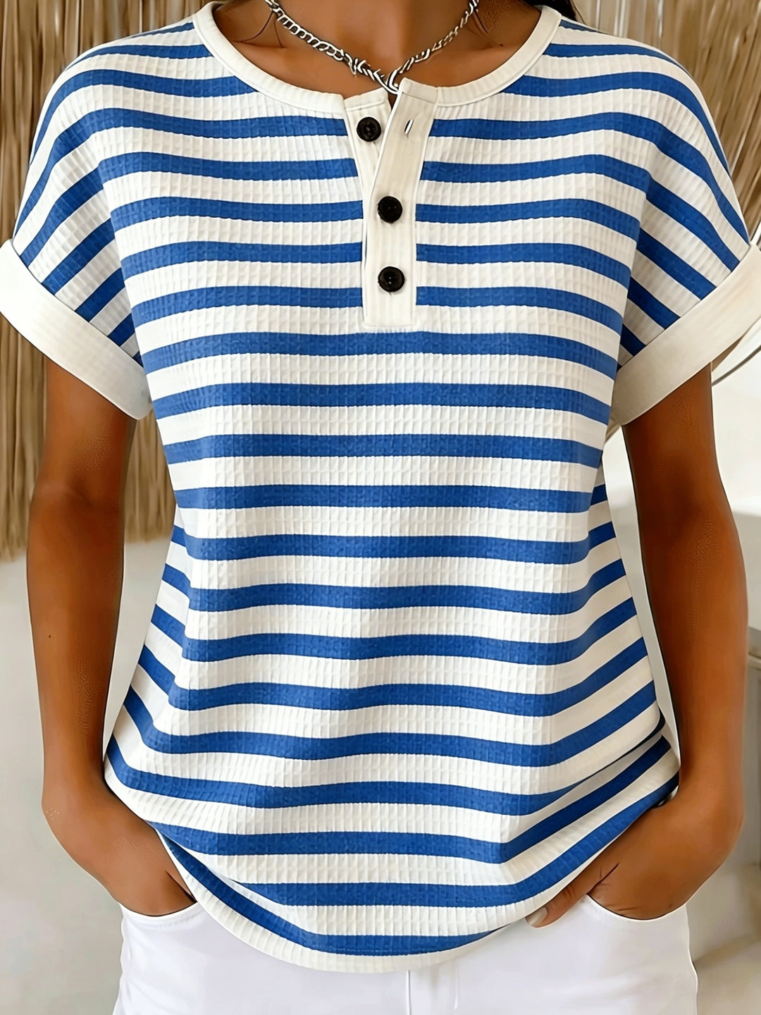 Imogen | Striped Waffle Button Top