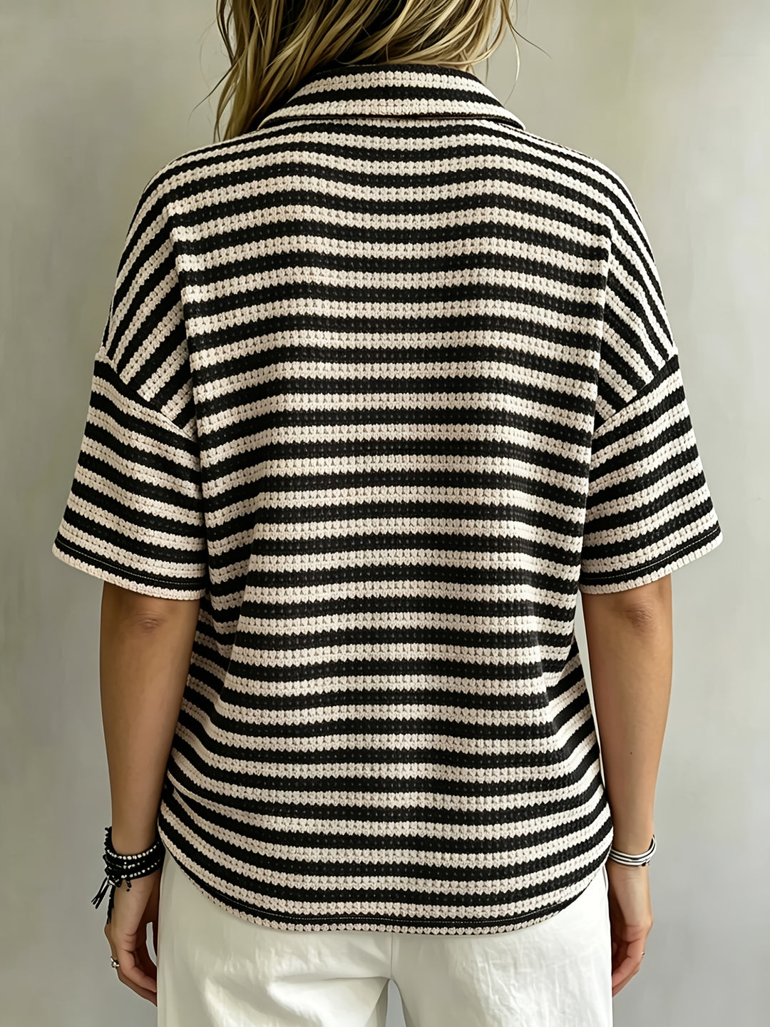 Marissa | Striped Waffle Polo Top