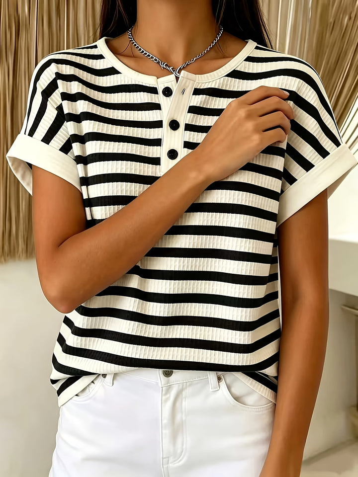 Imogen | Striped Waffle Button Top