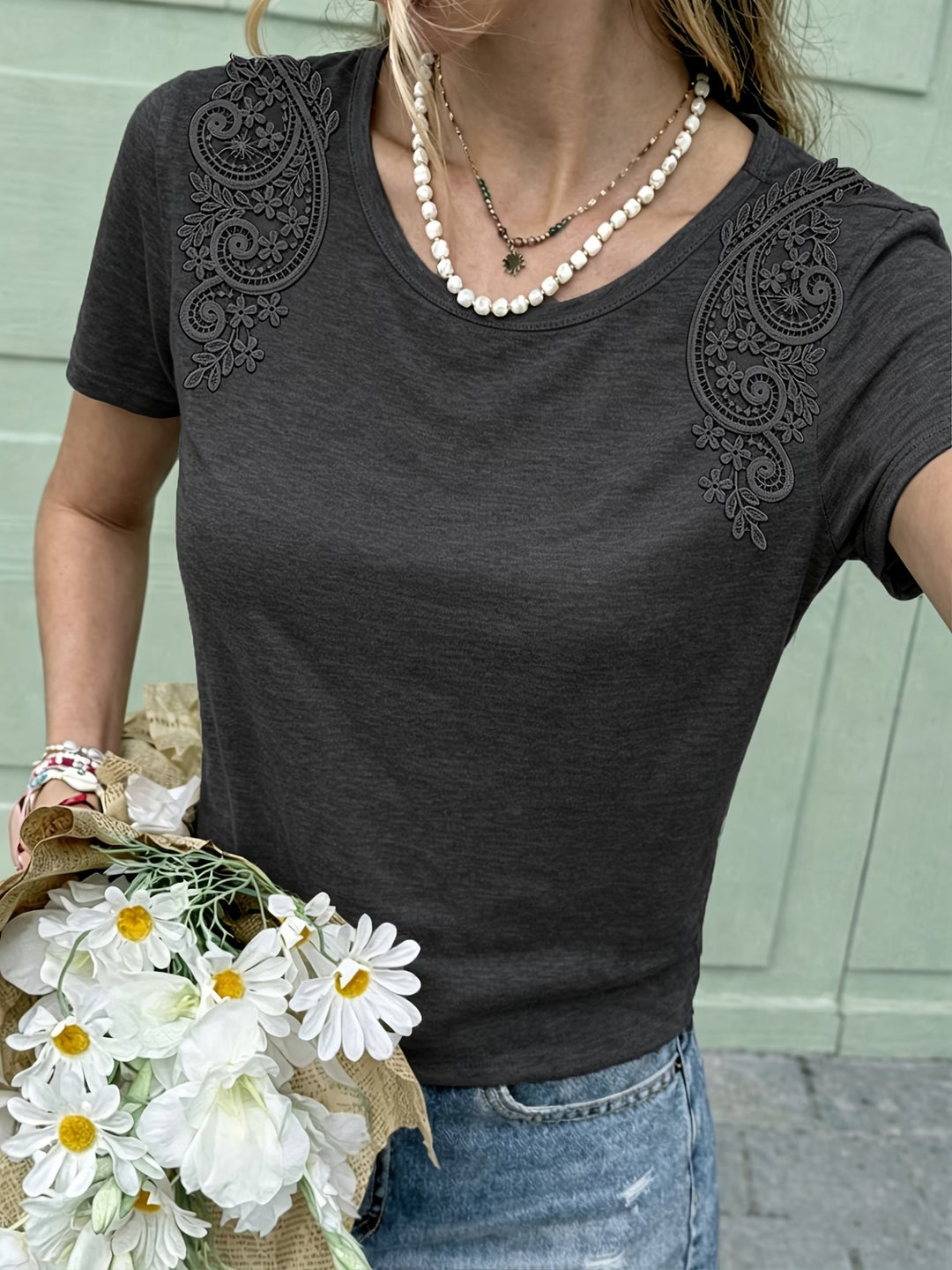 Lucille | Lace Trim Short Sleeve Tee