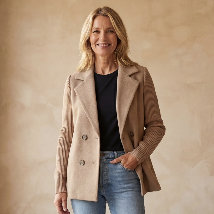 Front view of the brown Kinsley casual jacket, showcasing its relaxed fit and lapel design.