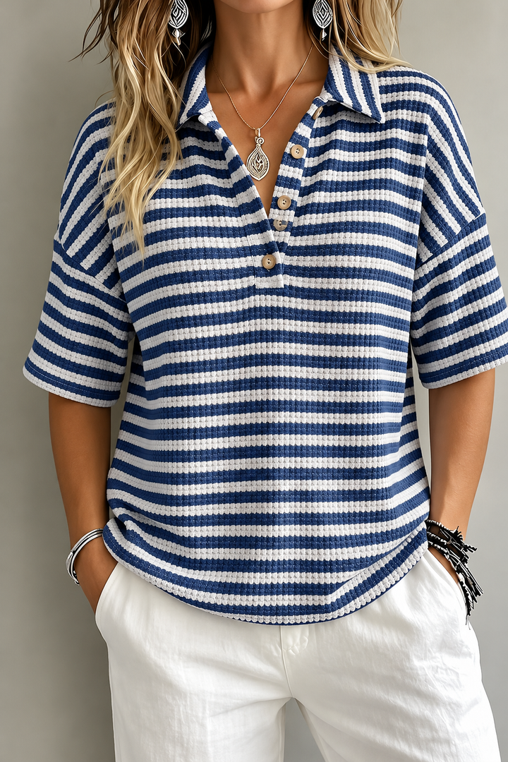 Marissa | Striped Waffle Polo Top