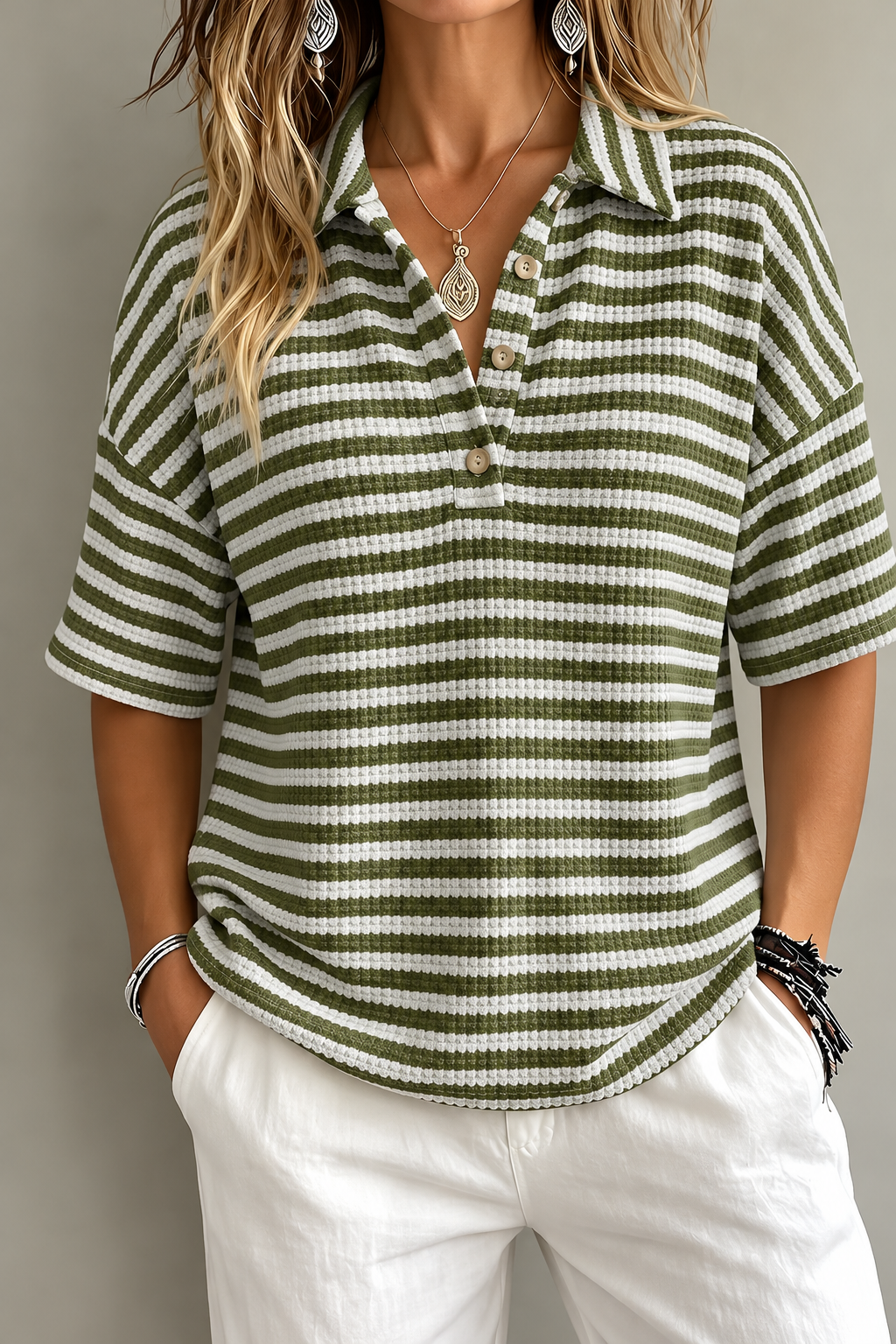Marissa | Striped Waffle Polo Top