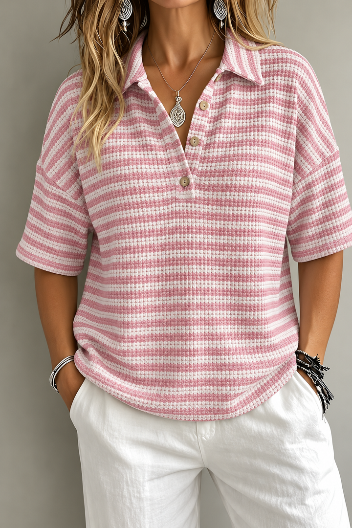 Marissa | Striped Waffle Polo Top