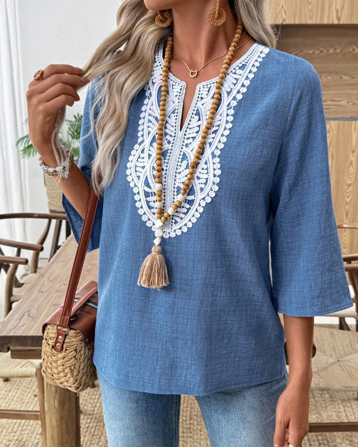 Lorraine | Lace Panel Henley Blouse