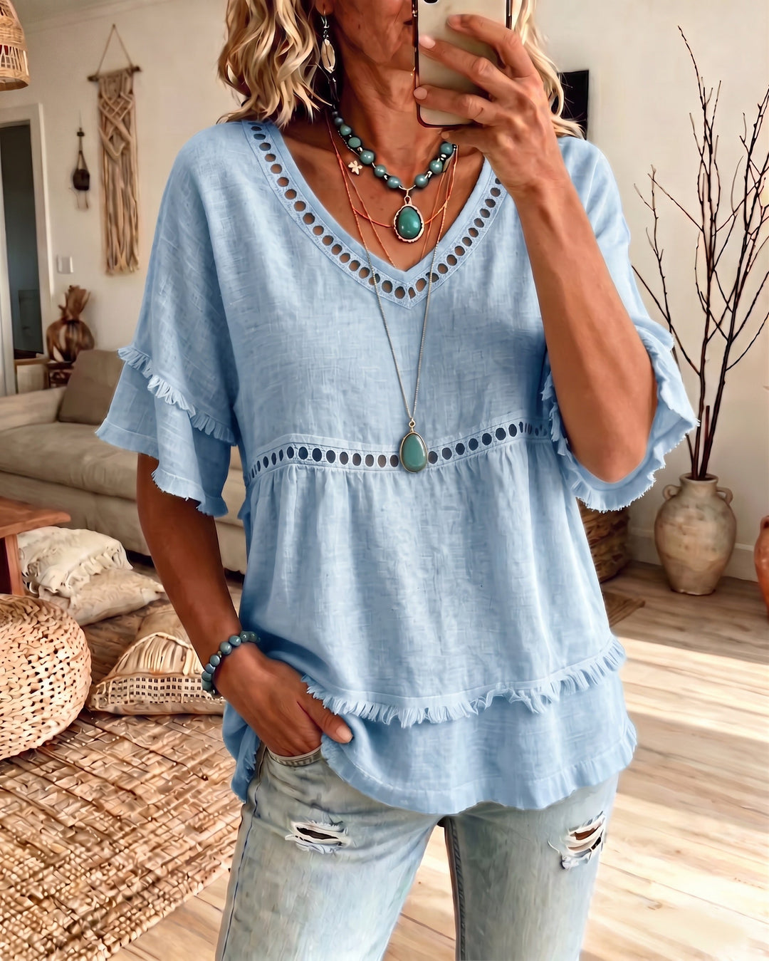 Boho Fringe Trim Babydoll Blouse