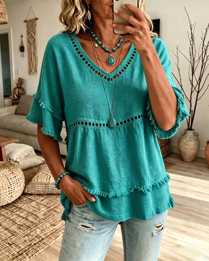 Boho Fringe Trim Babydoll Blouse
