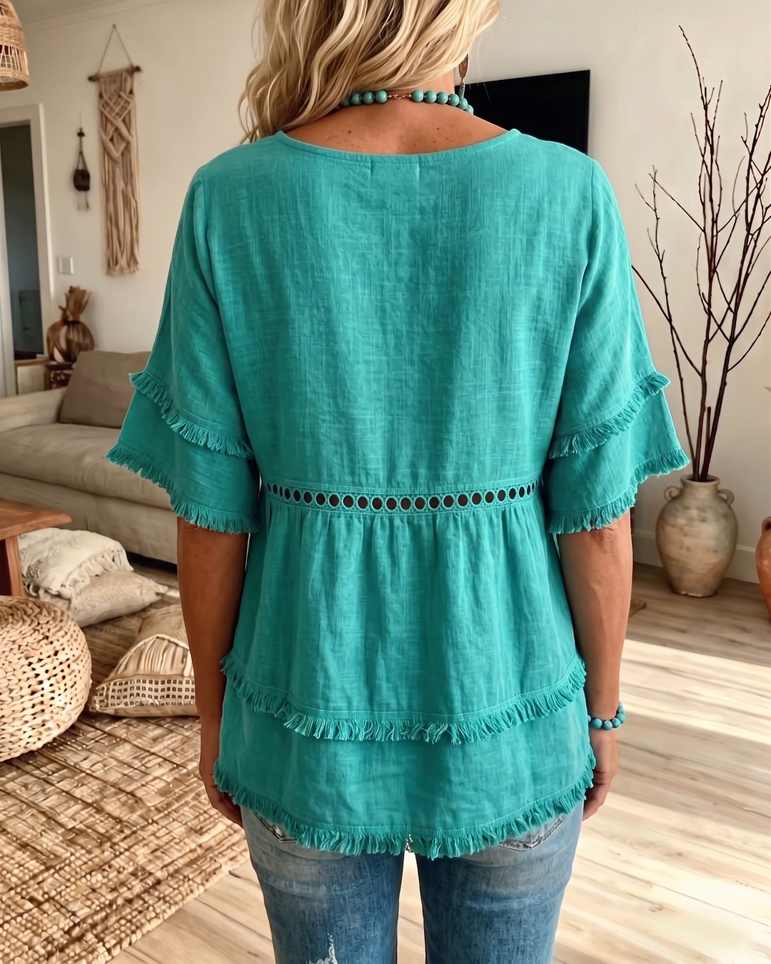 Boho Fringe Trim Babydoll Blouse