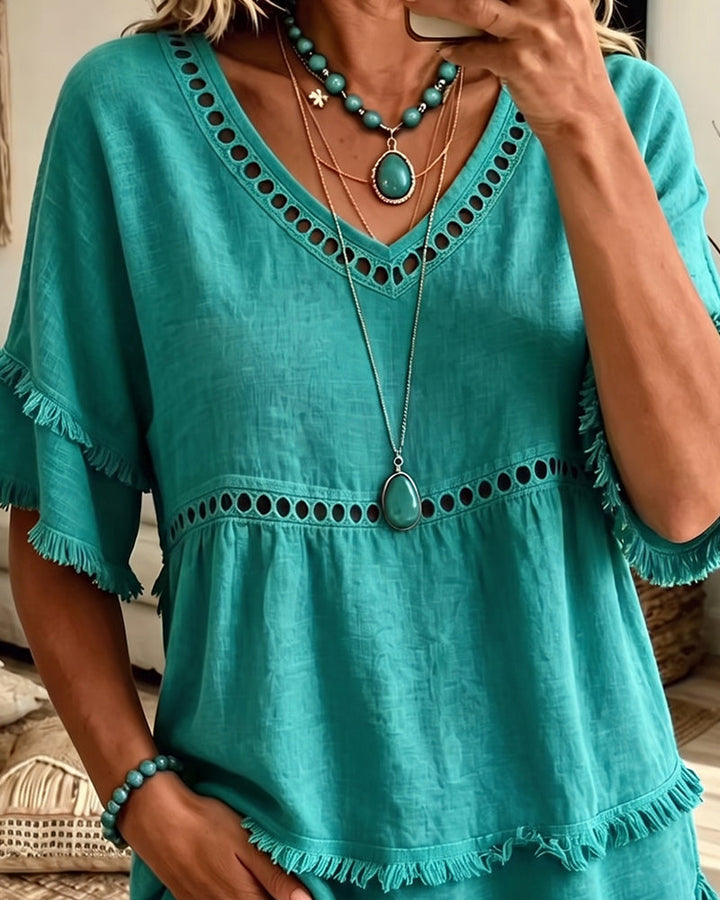 Boho Fringe Trim Babydoll Blouse