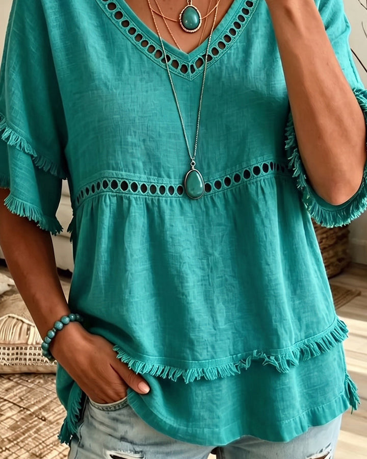 Boho Fringe Trim Babydoll Blouse