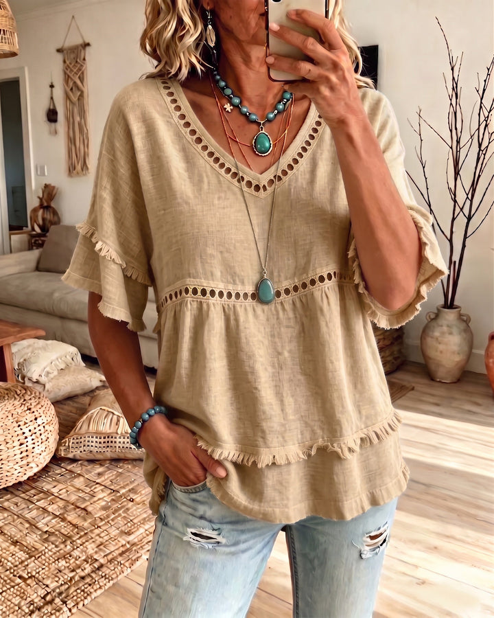 Boho Fringe Trim Babydoll Blouse