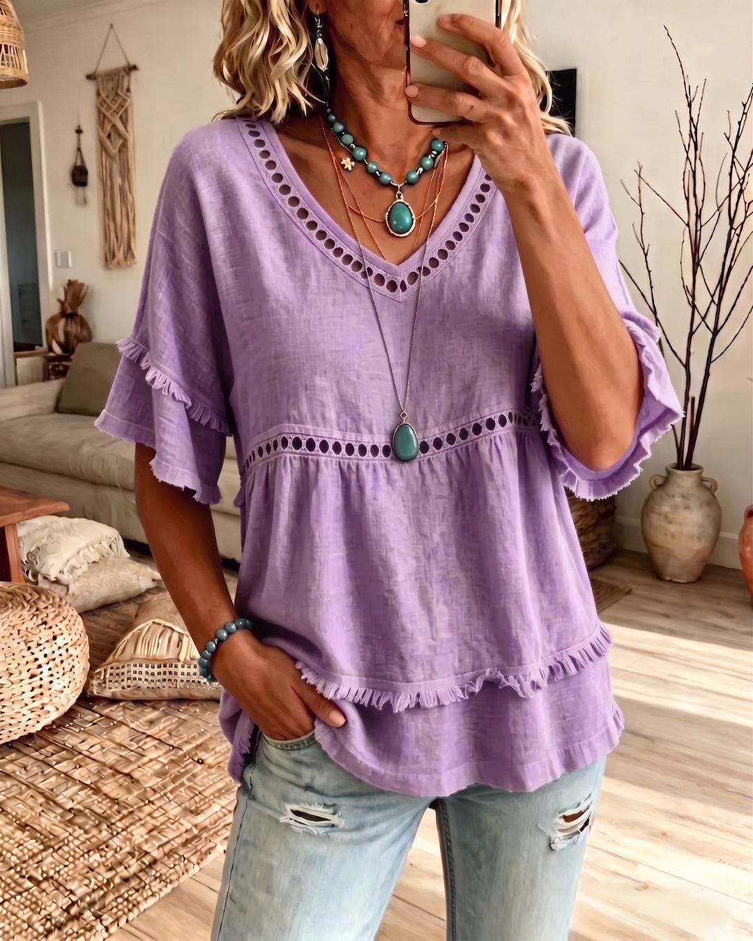 Boho Fringe Trim Babydoll Blouse
