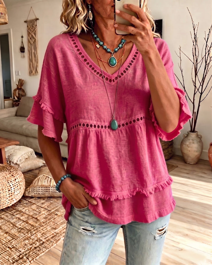 Boho Fringe Trim Babydoll Blouse