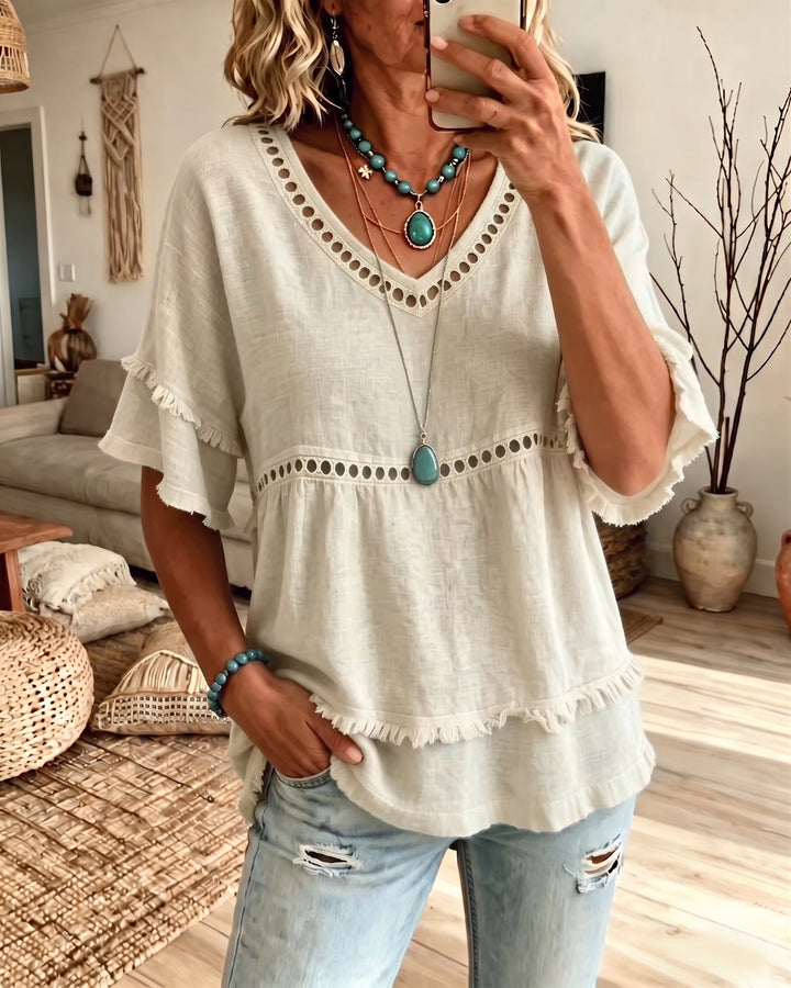 Boho Fringe Trim Babydoll Blouse