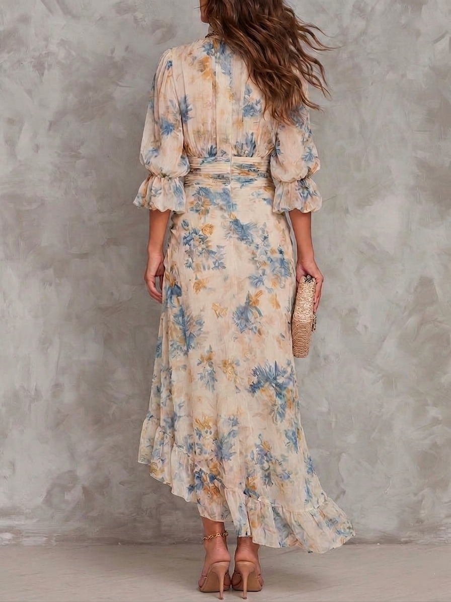 Turtleneck Floral Print Irregular Chiffon Maxi Dress for Women