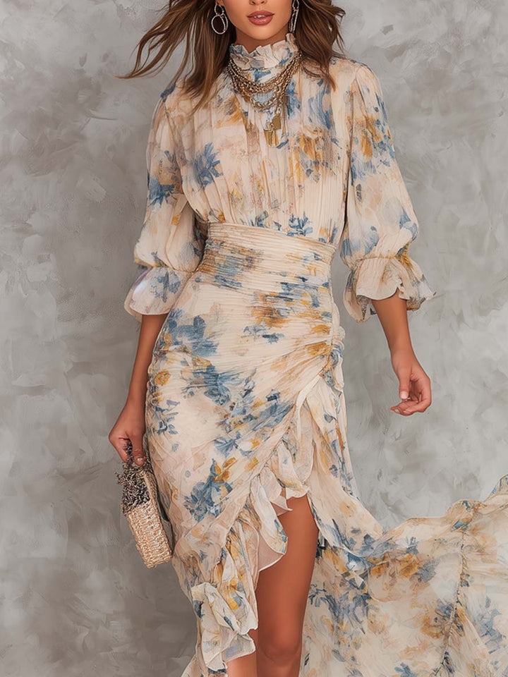 Turtleneck Floral Print Irregular Chiffon Maxi Dress for Women
