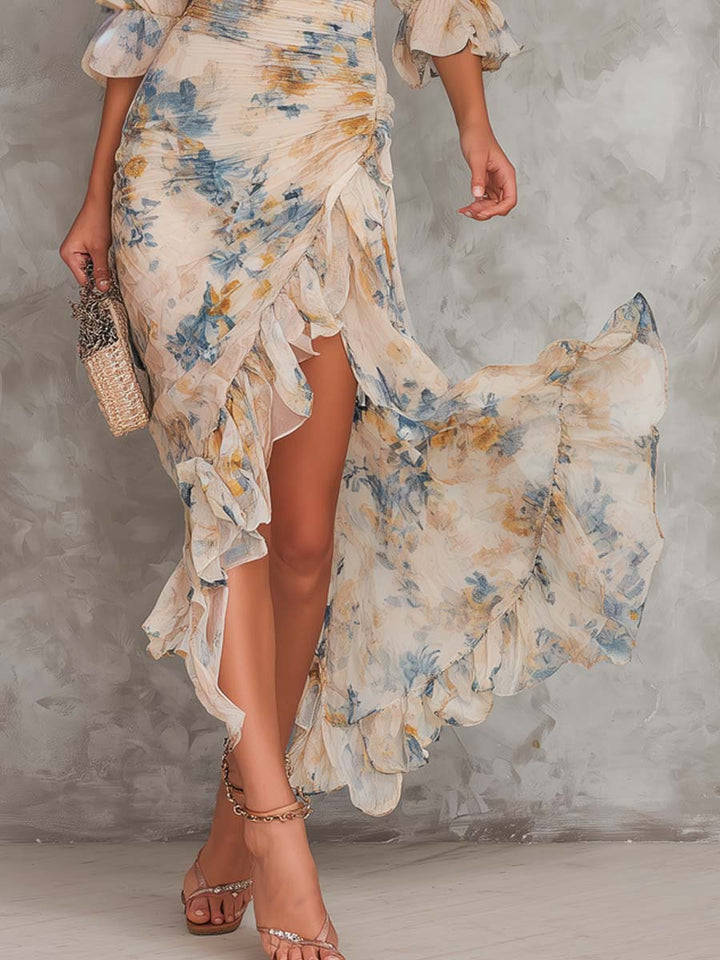 Turtleneck Floral Print Irregular Chiffon Maxi Dress for Women