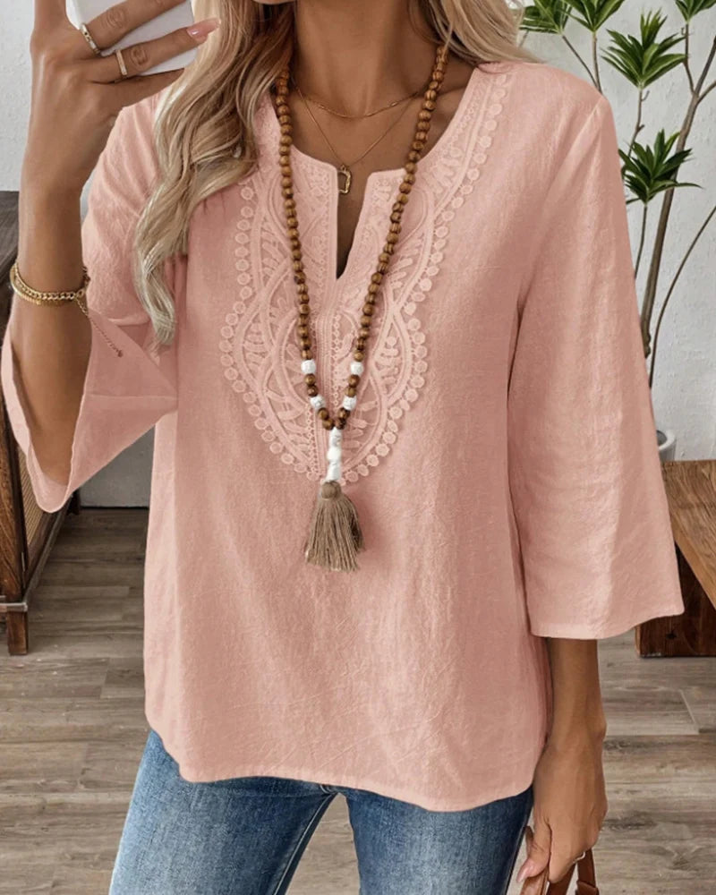 Lorraine | Lace Panel Henley Blouse