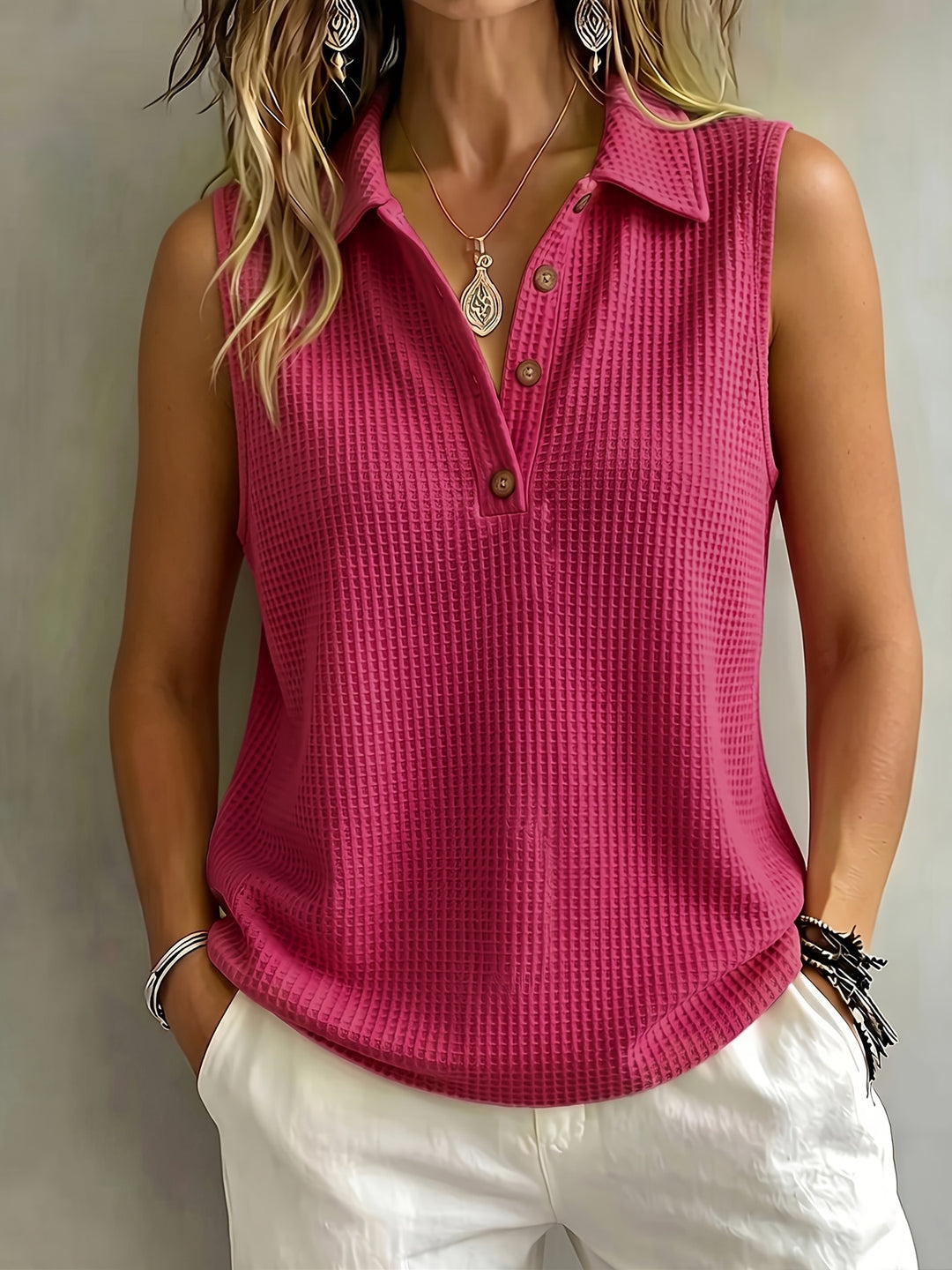 Nola | Waffle Button Sleeveless Top
