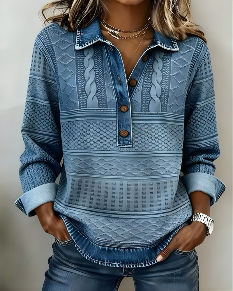 Front view of the coffee-colored half-button collared sweatshirt on a model, showcasing the relaxed fit.