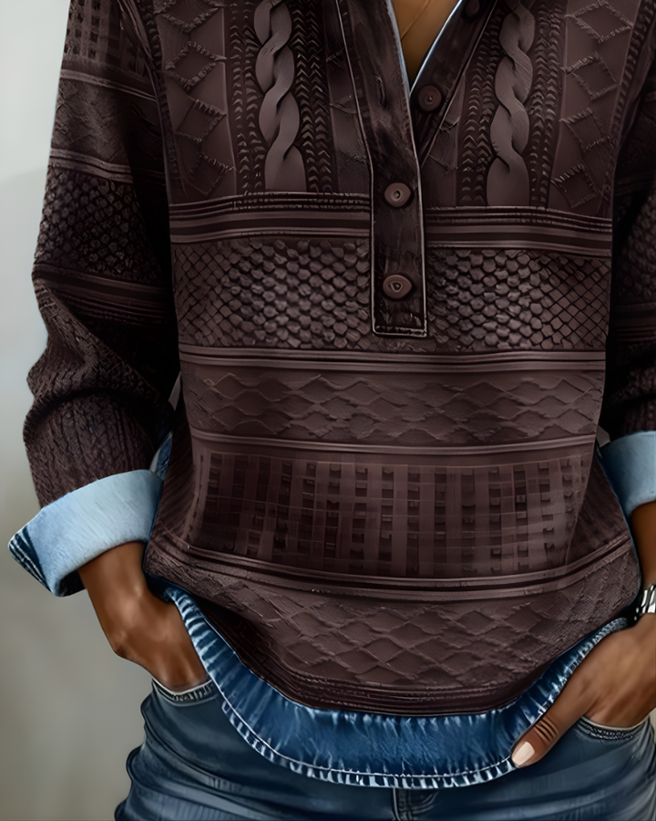 Back view of the gray half-button collared sweatshirt, showing the overall cut and sophisticated silhouette.