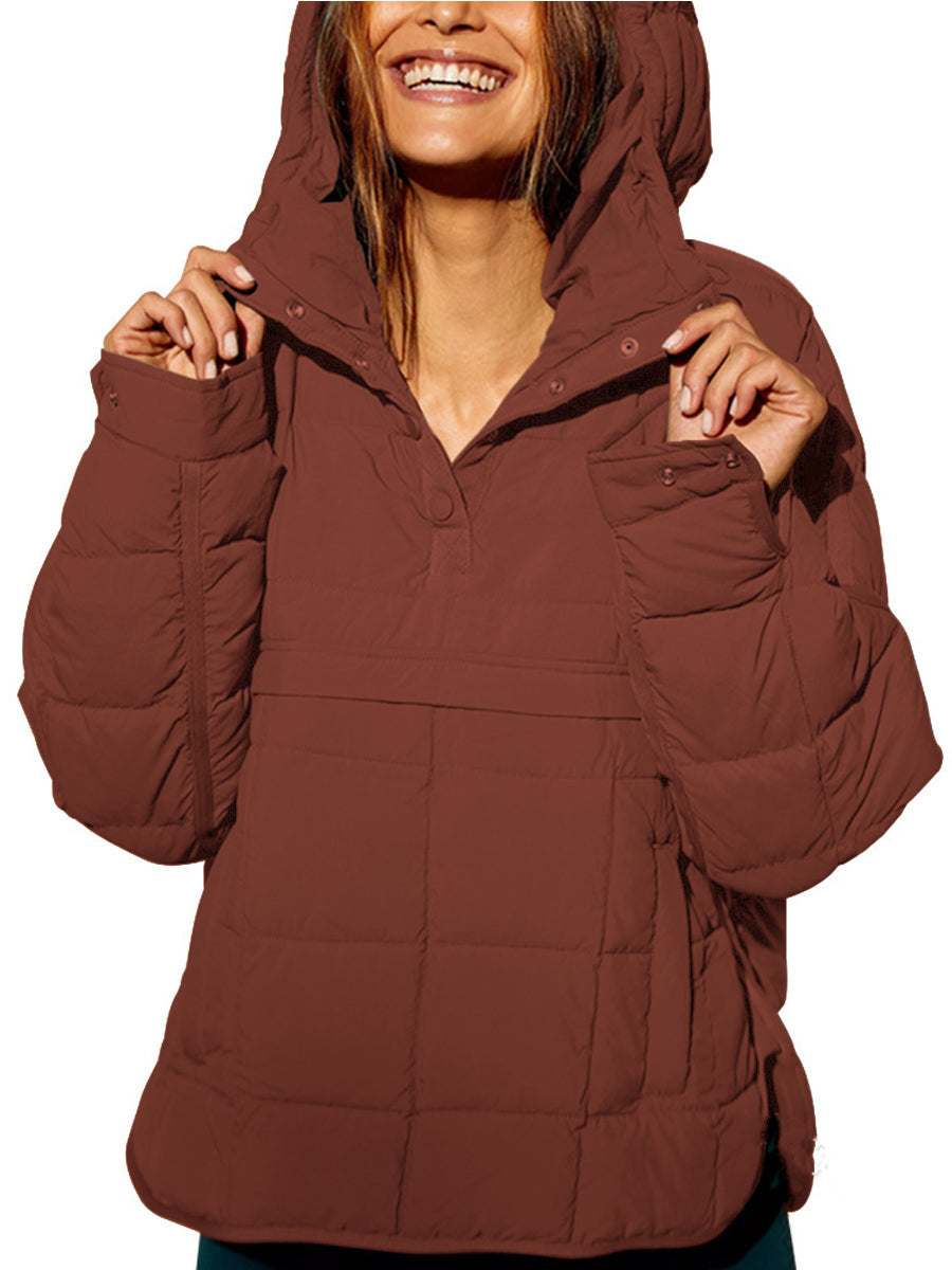 Woman walking in the claret oversized hooded pullover jacket, demonstrating its movement and elegant drape.