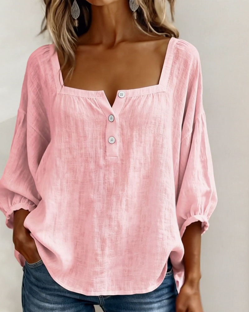 Model wearing the white Anya cotton linen blend blouse, styled casually.