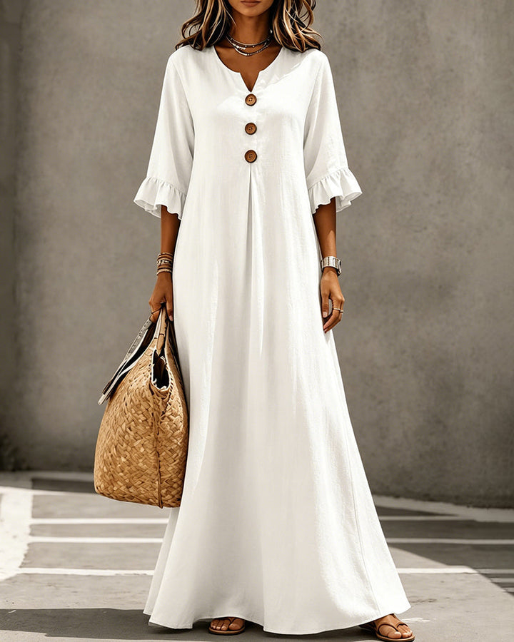 Close-up on the ruffle sleeve detail of the Calandra casual maxi dress.