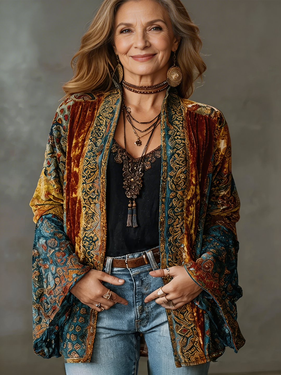 Front view of the Calista velvet-touch bohemian kimono in a rich burgundy, showcasing its flowing silhouette.