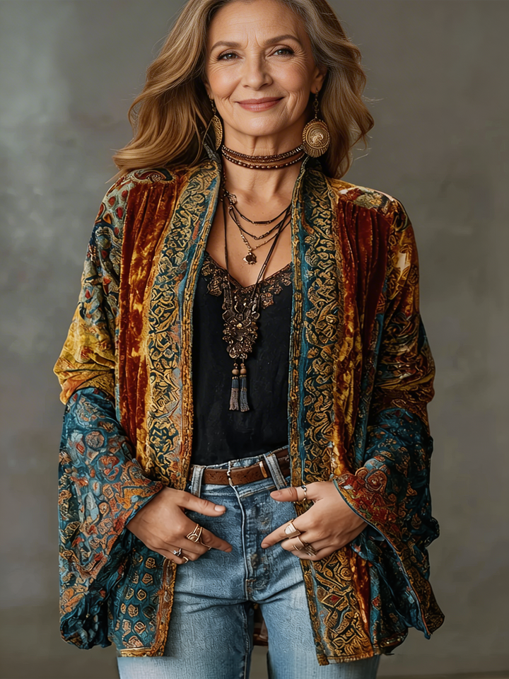 Front view of the Calista velvet-touch bohemian kimono in a rich burgundy, showcasing its flowing silhouette.