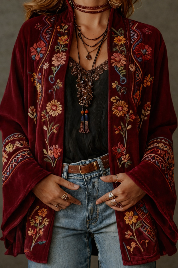 Overhead view of the Calista velvet-touch bohemian kimono laid flat, revealing its full pattern and shape.