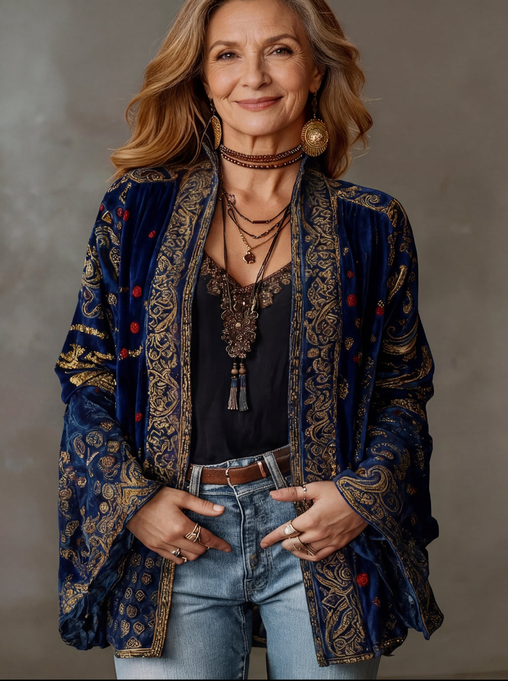 Detail shot of the intricate tapestry-inspired pattern on the Calista kimono's luxurious velvet-touch fabric.