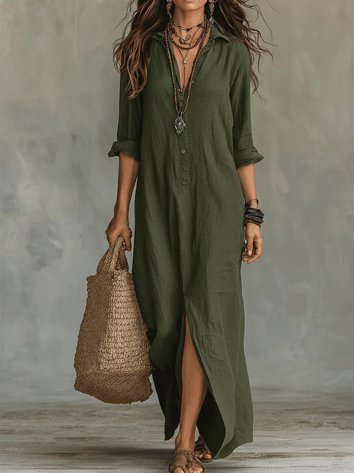 Close-up detail of the button-front closure and collar on the versatile Calista relaxed maxi shirt dress.