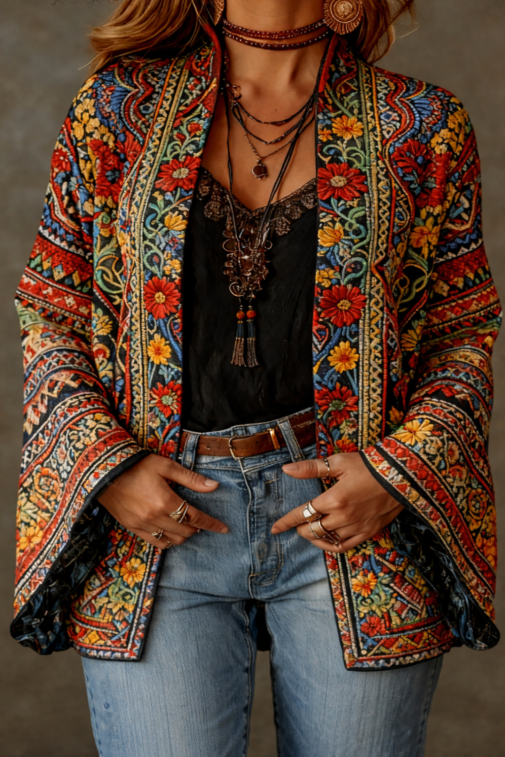 Close-up of the soft texture and vibrant colors of the Calista velvet-touch kimono material.