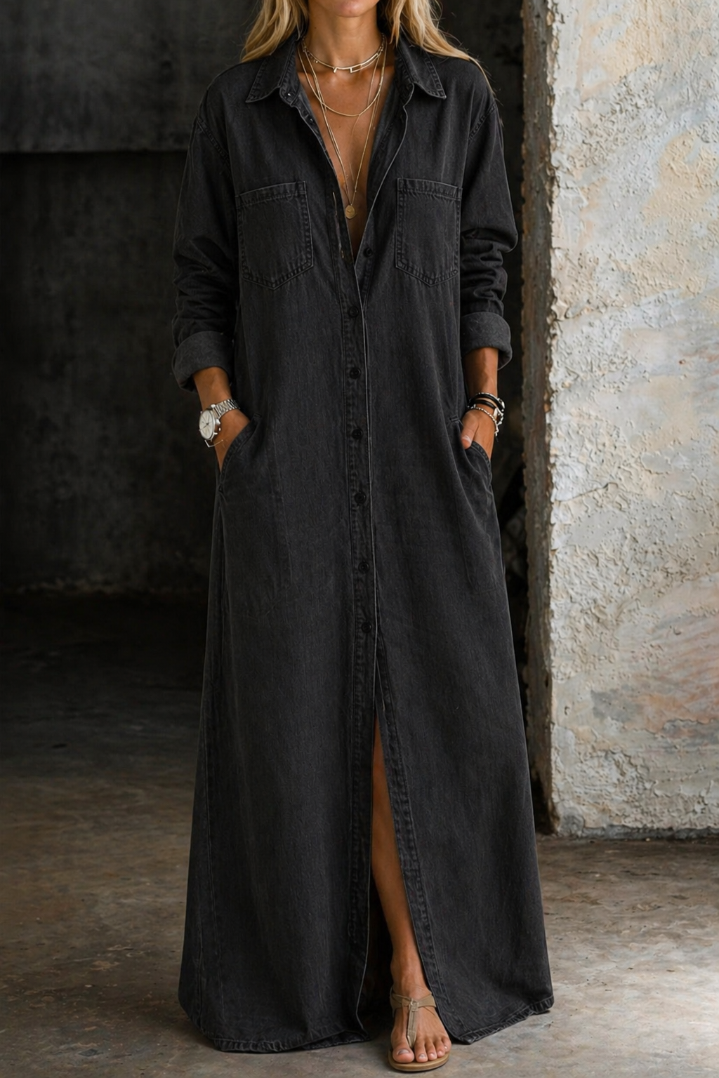 Close-up of the collar and neckline of the Calista maxi button-down dress, emphasizing the refined design.
