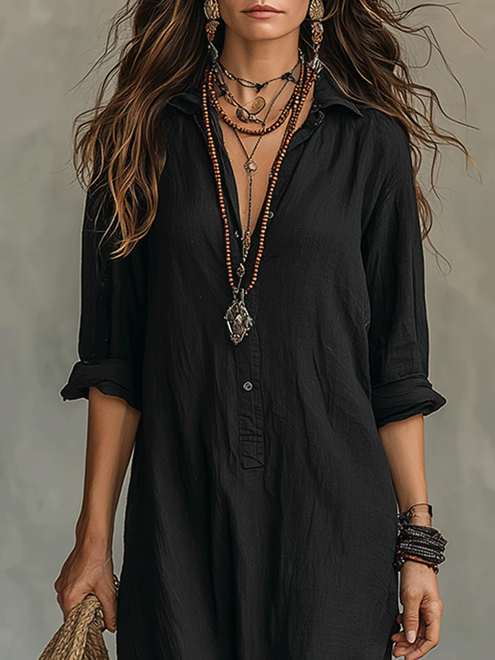 Styled shot of the Calista maxi shirt dress paired with accessories, demonstrating its versatility for different looks.