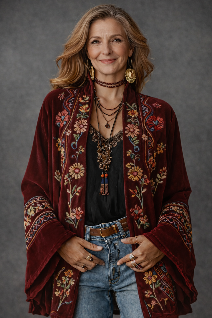 Lifestyle shot of the Calista kimono paired with jeans and a simple top, demonstrating its versatility.