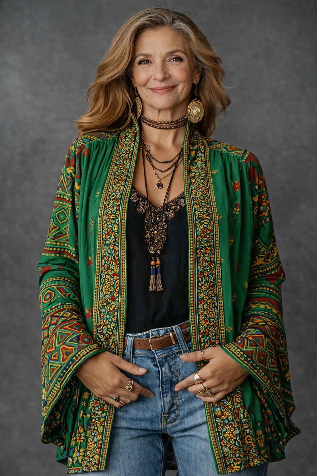 Folded view of the Calista velvet-touch bohemian kimono, emphasizing its compact storage and fabric quality.