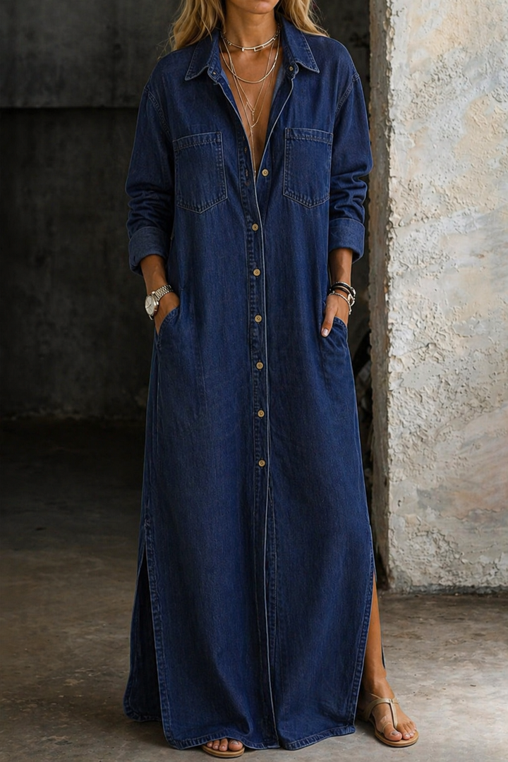 Fabric swatch detail for the Calista maxi button-down dress, highlighting the material's quality and feel.