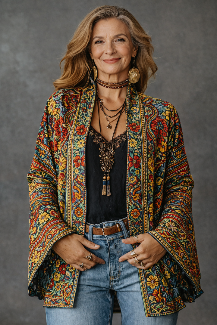 A close-up of the kimono's hemline, showing the quality stitching and the unique pattern of the Calista design.