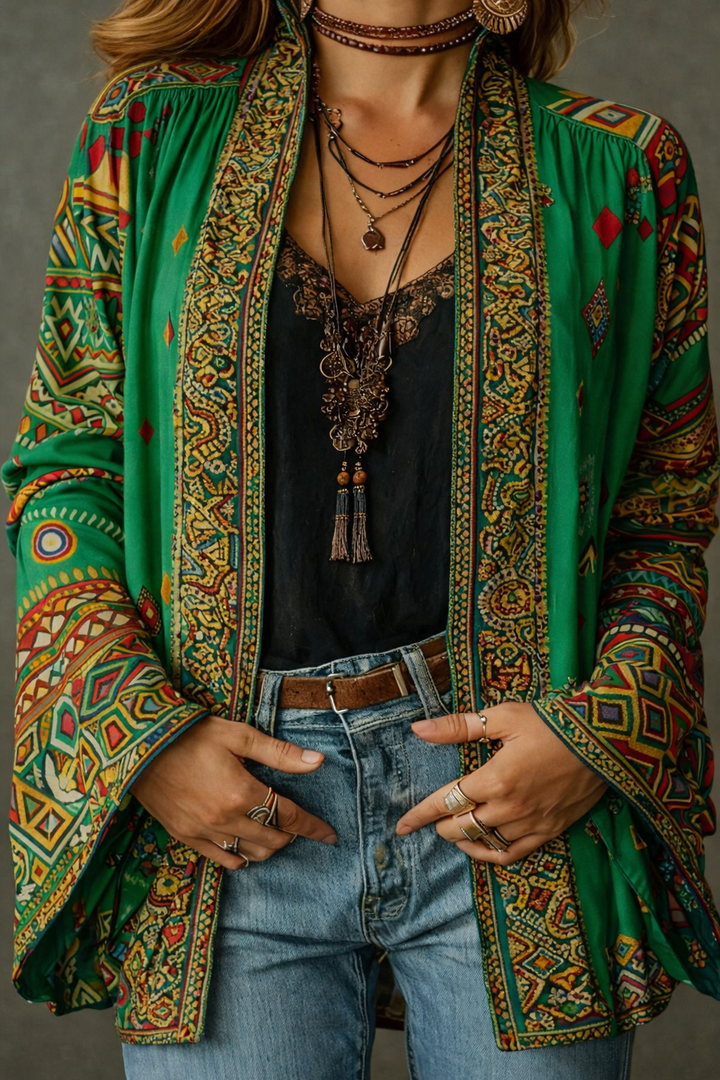 Model turning while wearing the Calista kimono, illustrating the graceful movement of the flowing fabric.