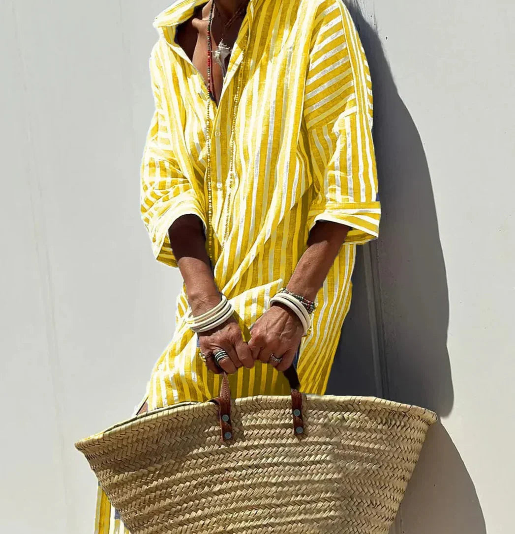 Christine | Striped Print & Button Closure with Belt
