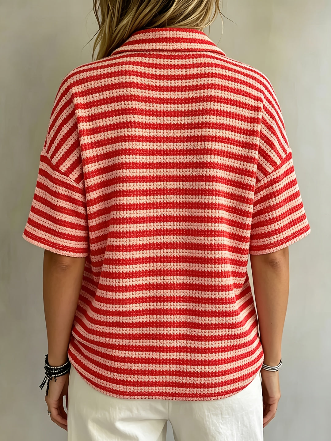 Marissa | Striped Waffle Polo Top
