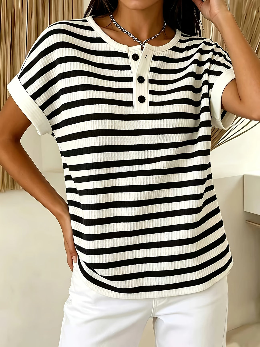 Imogen | Striped Waffle Button Top